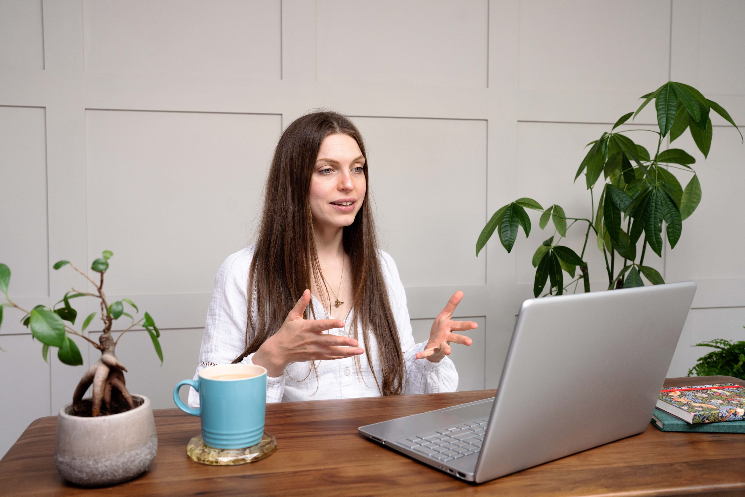 Megan conducting a therapy session on the laptop whilst sat at a desk